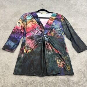 VTG Y2K Babydoll Tie Front Tunic Top Womens M Multicolor Butterfly Floral Fairy